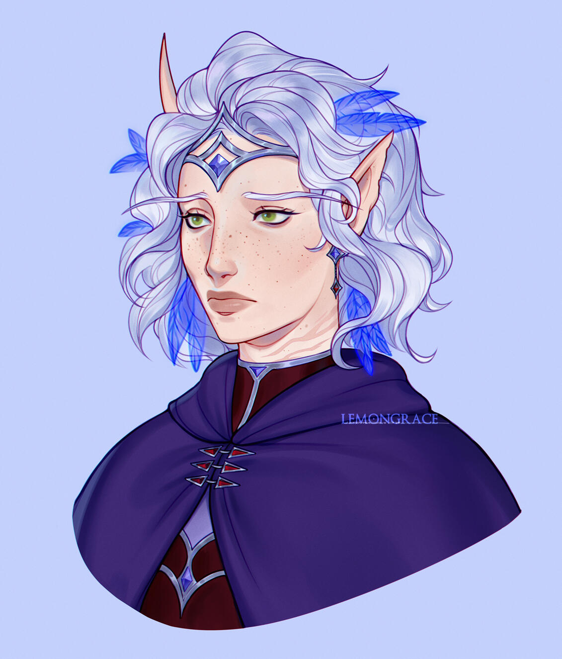 Portrait of Erilihn in an indigo cape and wine red dress, with blue leaves in her hair. Her expression is concerned, and she is looking off to the viewer's left side.