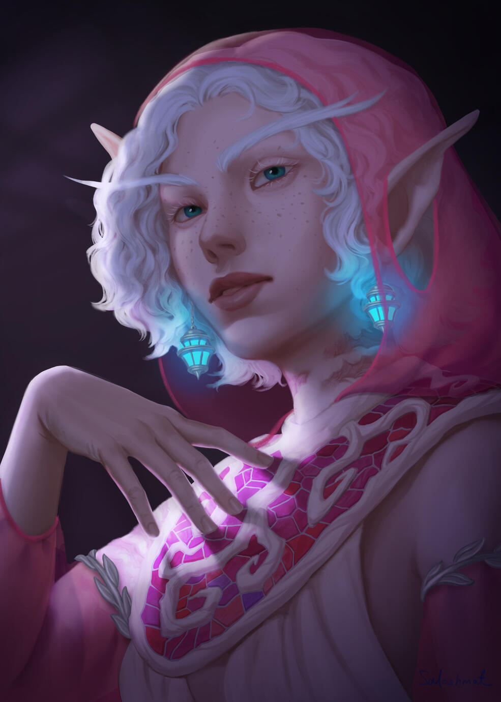 Erilihn in a red and white outfit with a mosaic gorget and a translucent red hood.