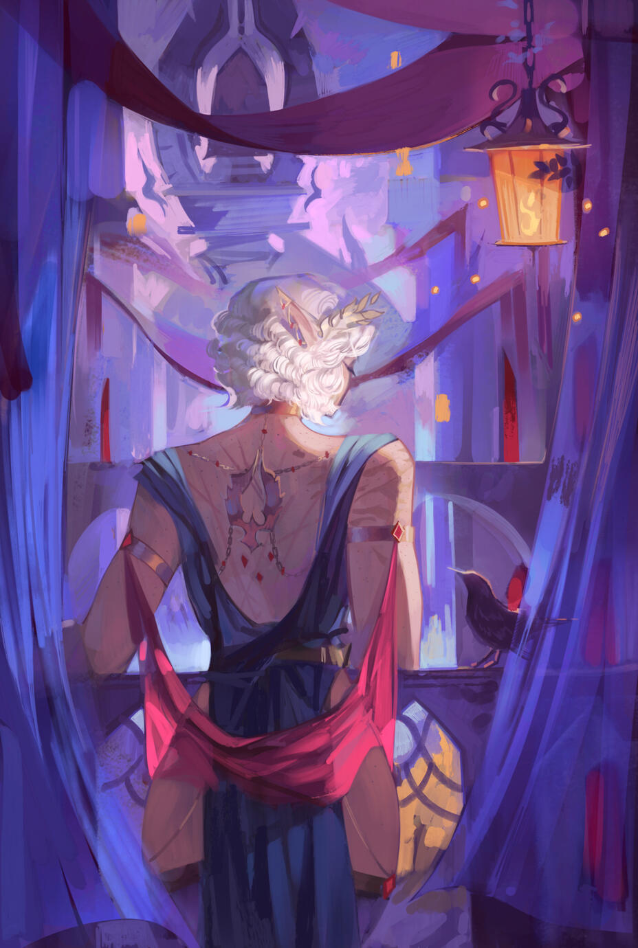 Erilihn in a black dress with red sheer draping fabric, standing on a balcony overlooking Silvermoon City at twilight. There is a blackbird perched next to her on the balcony banister.