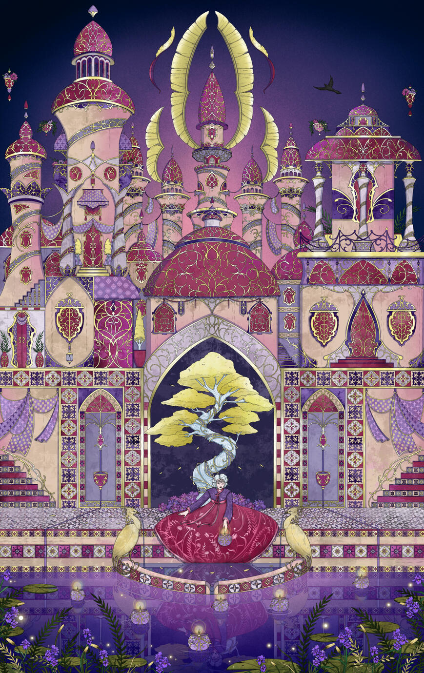 Erilihn in a red and dark purple hanbok sitting by a pond in Silvermoon City. There is a golden-leaved Eversong tree in a shrine right behind her.