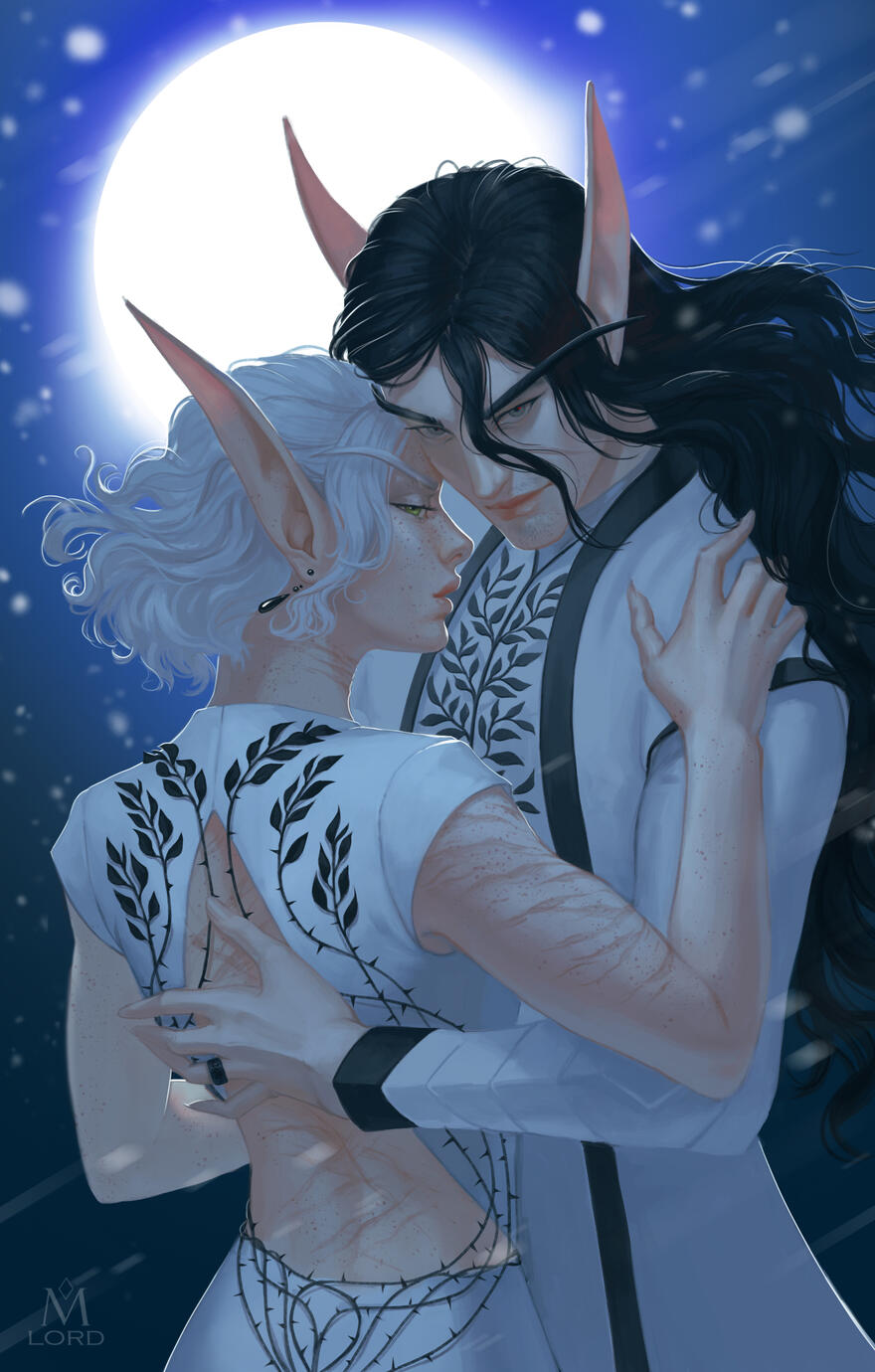 Erilihn and Avenue in white and black formal attire, locked in a dancing position and staring at the viewer. The lighting is moonlit.