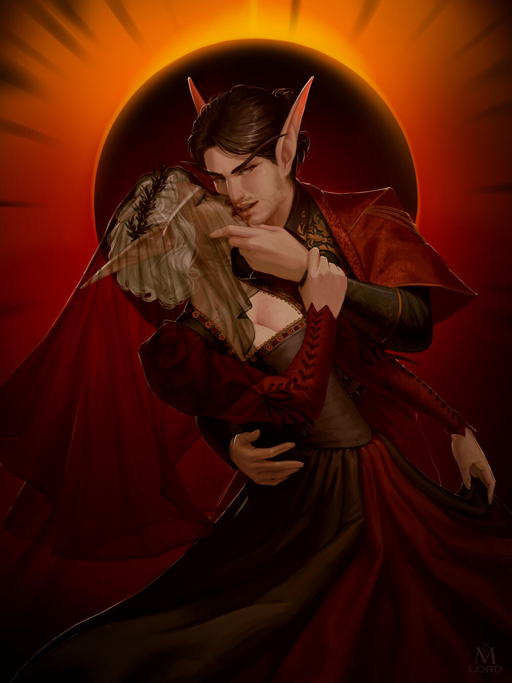 Erilihn and Avenue in front of a reddish-orange eclipse. They are dressed in red/black/gold formal attire, and Erilihn has a black veil over her face. Avenue is holding her by the waist and chin, tilting her head up toward his own.