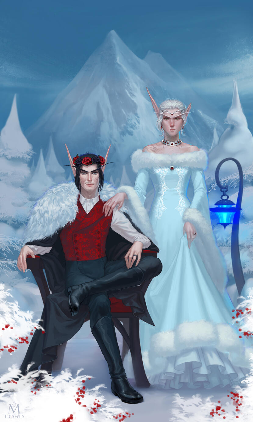 Erilihn and Avenue's wedding portrait. Erilihn is dressed in a light blue and white fur wedding gown with ruby jewelry, and she stands next to Avenue, who is sitting and wearing red and black with a white fur cape. They are in a snowy mountain forest.