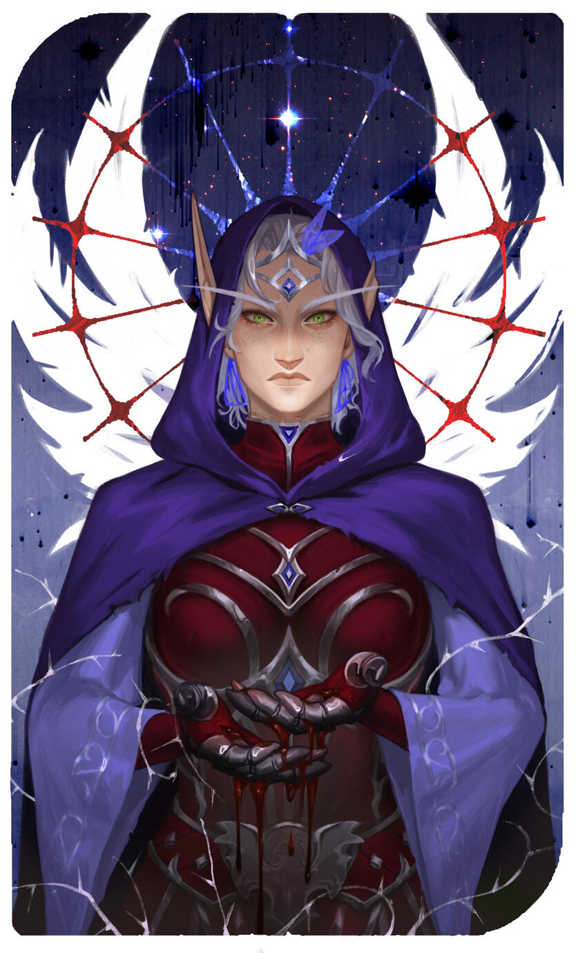 Erilihn in a red and indigo dress with their hands held cupped in front of themself, bleeding. They have stylized white phoenix wings behind them. Tarot card style.