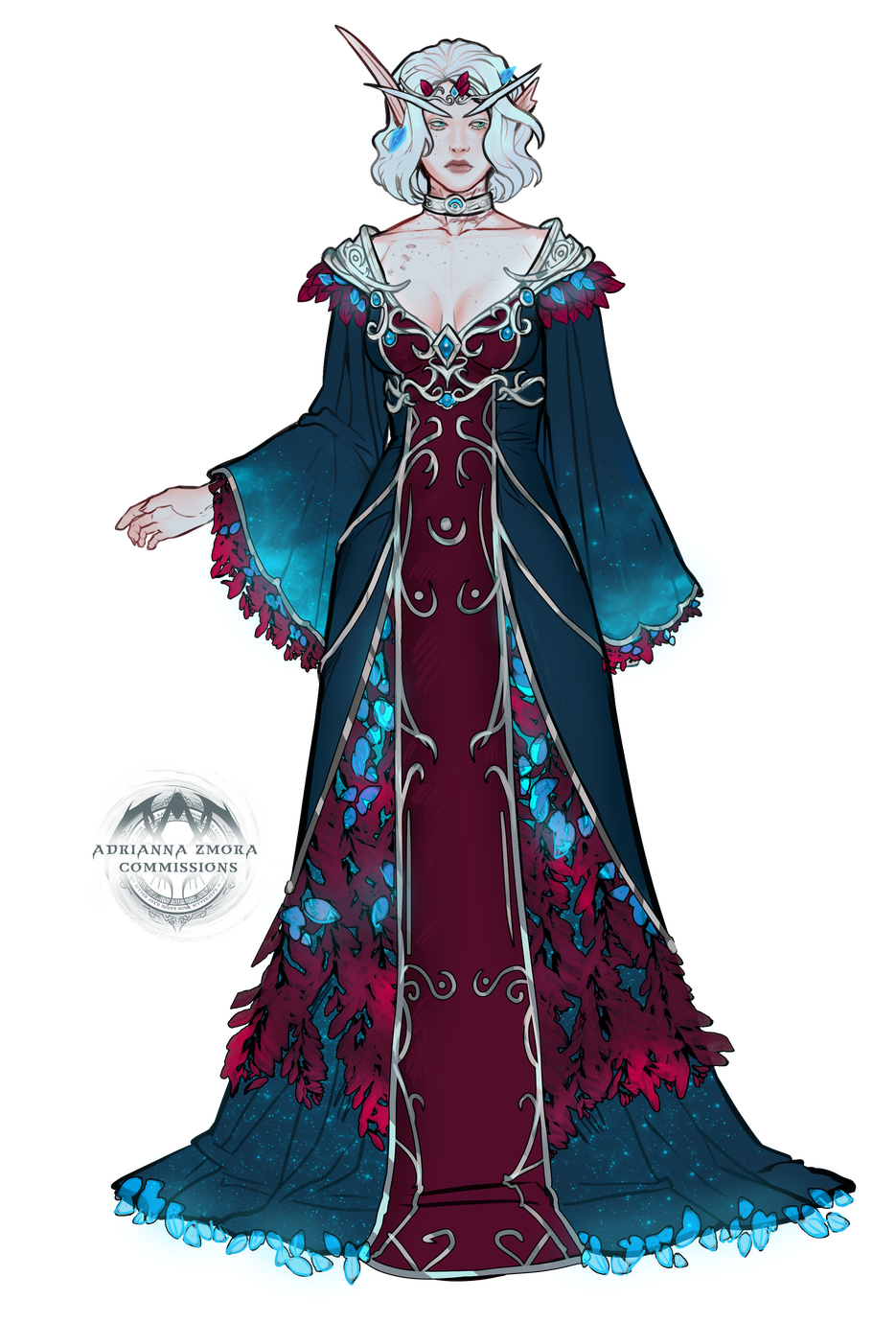Erilihn in a peacock blue & maroon red gown with silver detailing and colorful leaves.