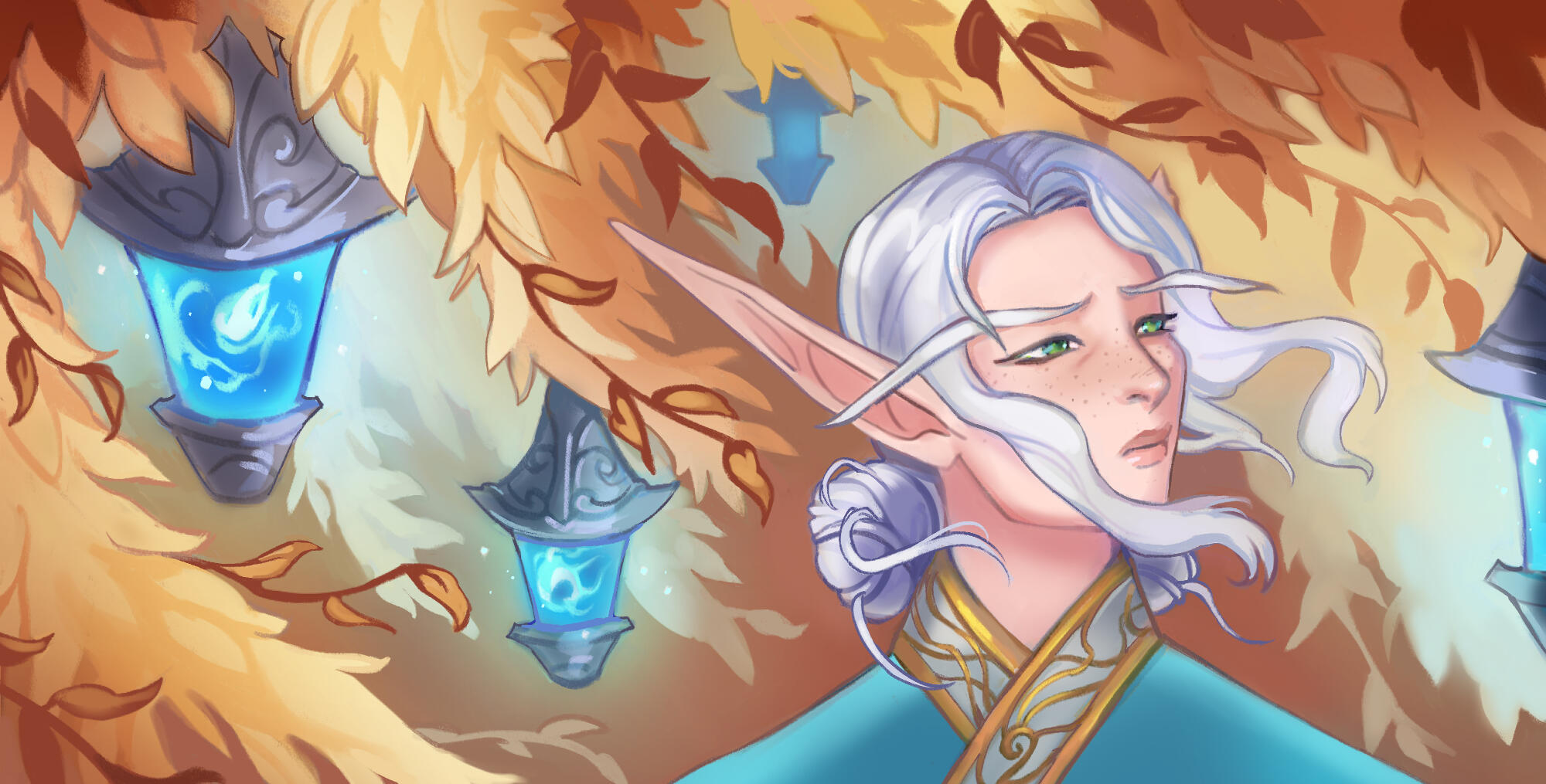 Erilihn in blue and gold hanbok with their hair in twin buns. They are younger and with longer hair and less scars. They are looking up thoughtfully at their surroundings, which are the golden boughs of Thas'alah with magical lanterns in the branches.