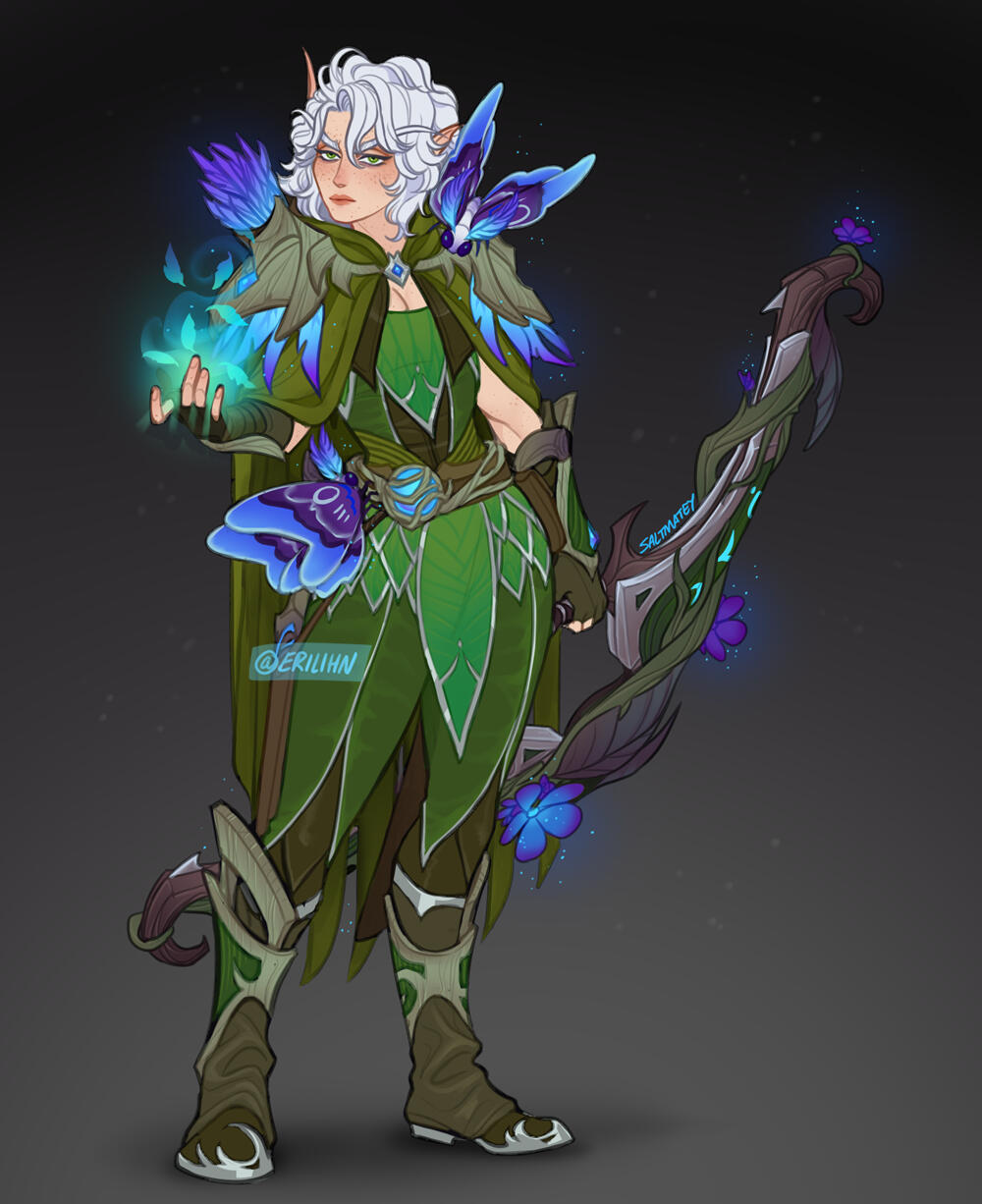Erilihn in green leafy armor with magical blue accents. She has two blue moths on her person. With one hand, she holds her bow made of blooming vines and wood, and with the other hand, she holds a ball of druidic magic.