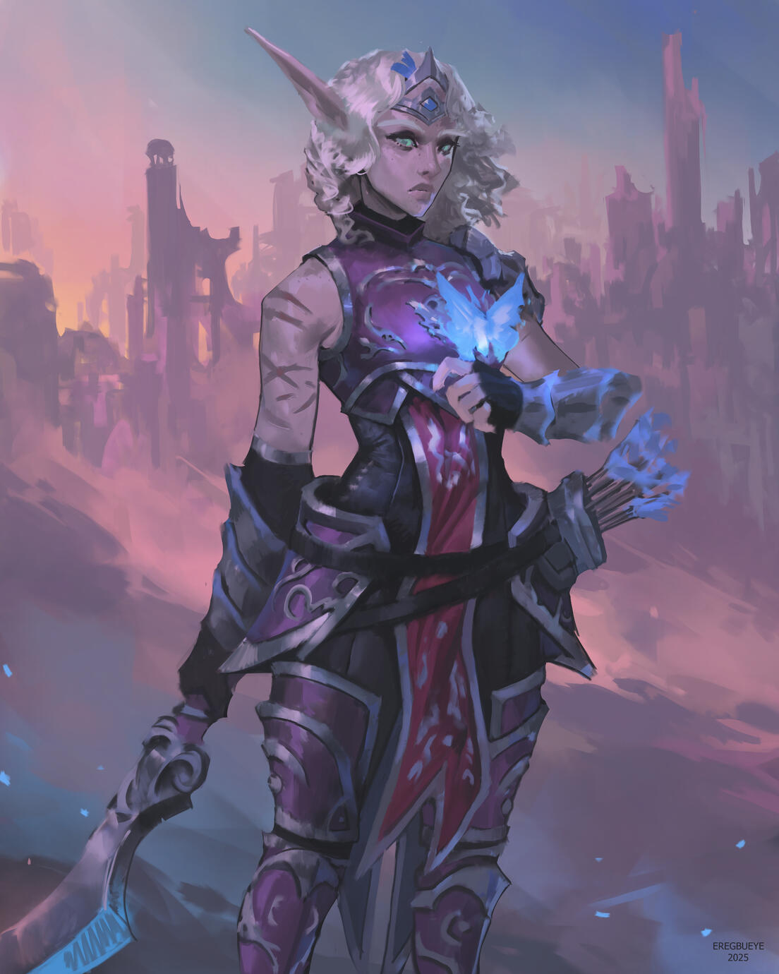 Erilihn in purple armor with a red tabard, holding a sword in one hand and a blue moth in the other.