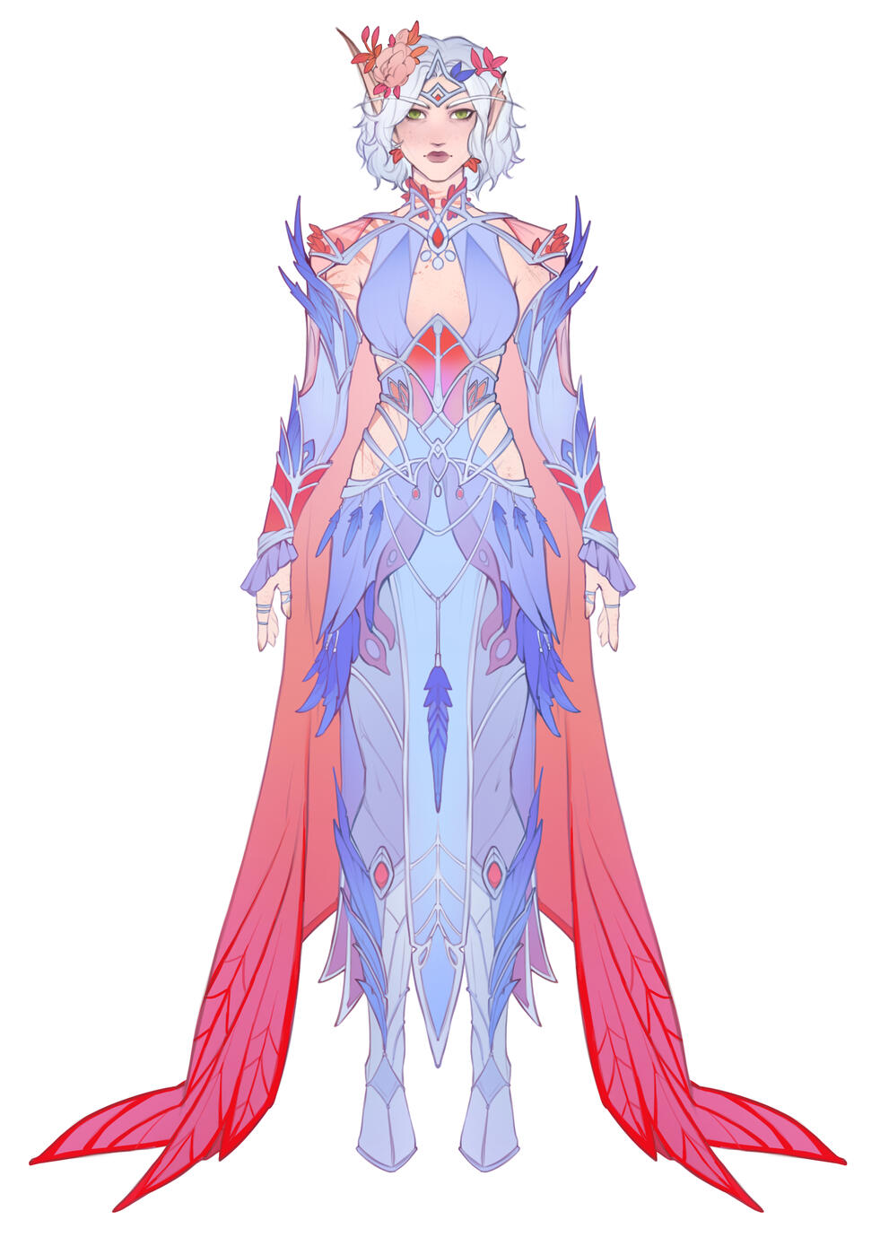 Erilihn in a dress that is primarily pale periwinkle-blue with darker periwinkle feathers and reddish-pink accents. She wears a peach-colored cape that fades into hot red.
