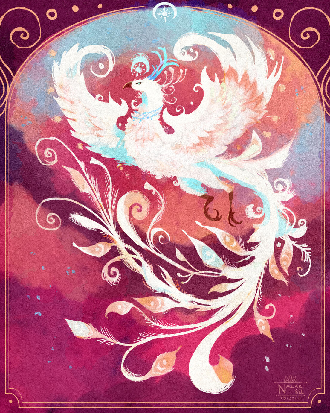 Erilihn in her flight form, a white phoenix with coral-pink and cyan blue accents.