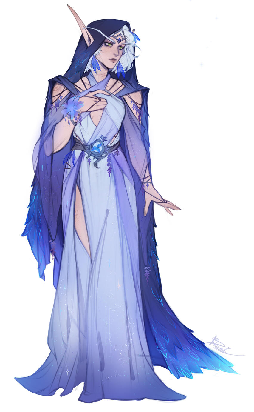Erilihn in white and blue druidic attire with a long leafy cape and hood.