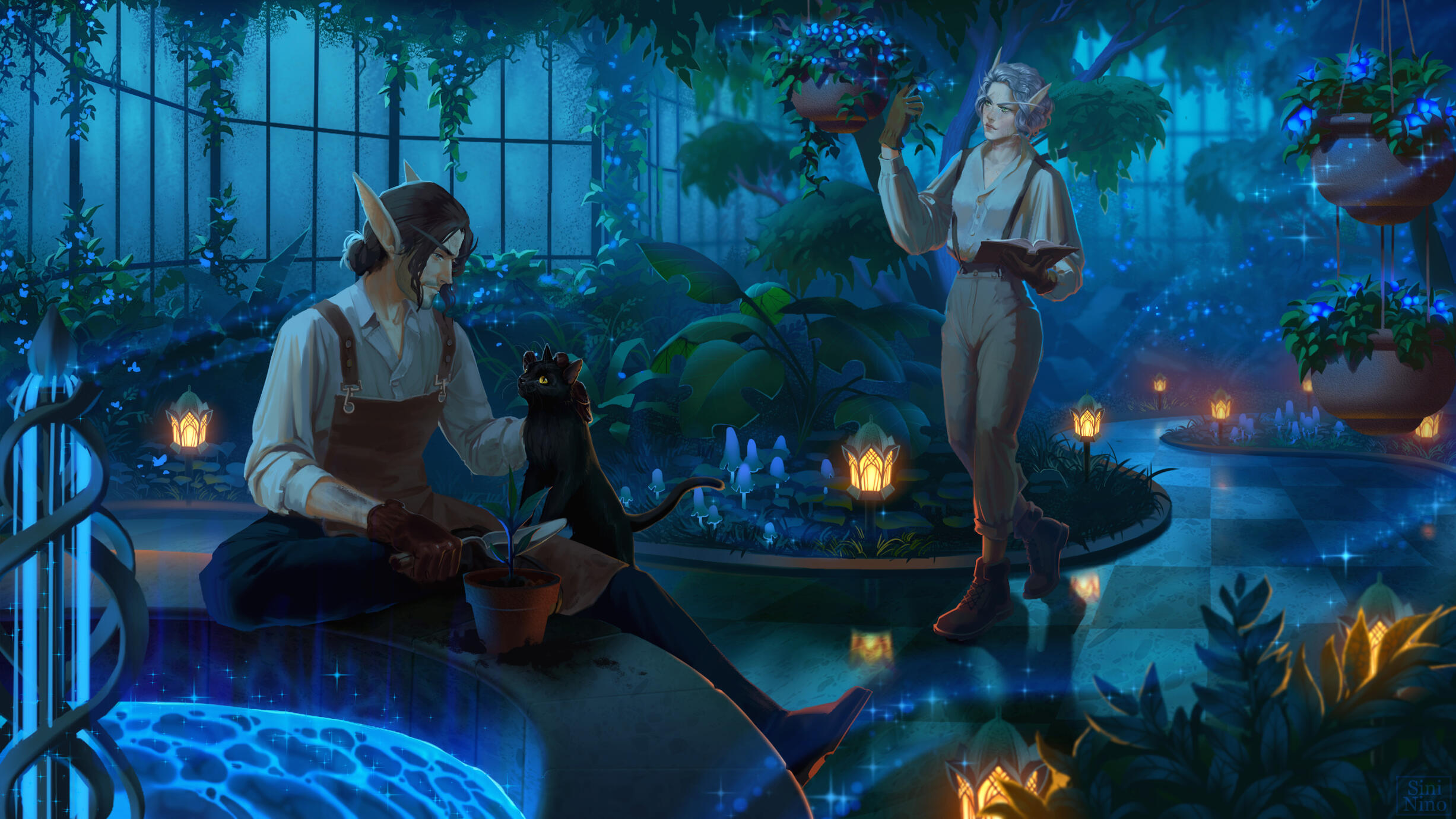 Erilihn and Avenue gardening in a greenhouse together. The atmosphere is dark and rainy, and there are golden lanterns lighting the path. Erilihn takes notes on a hanging plant, while Avenue sits on the rim of a fountain potting plants and petting a cat.