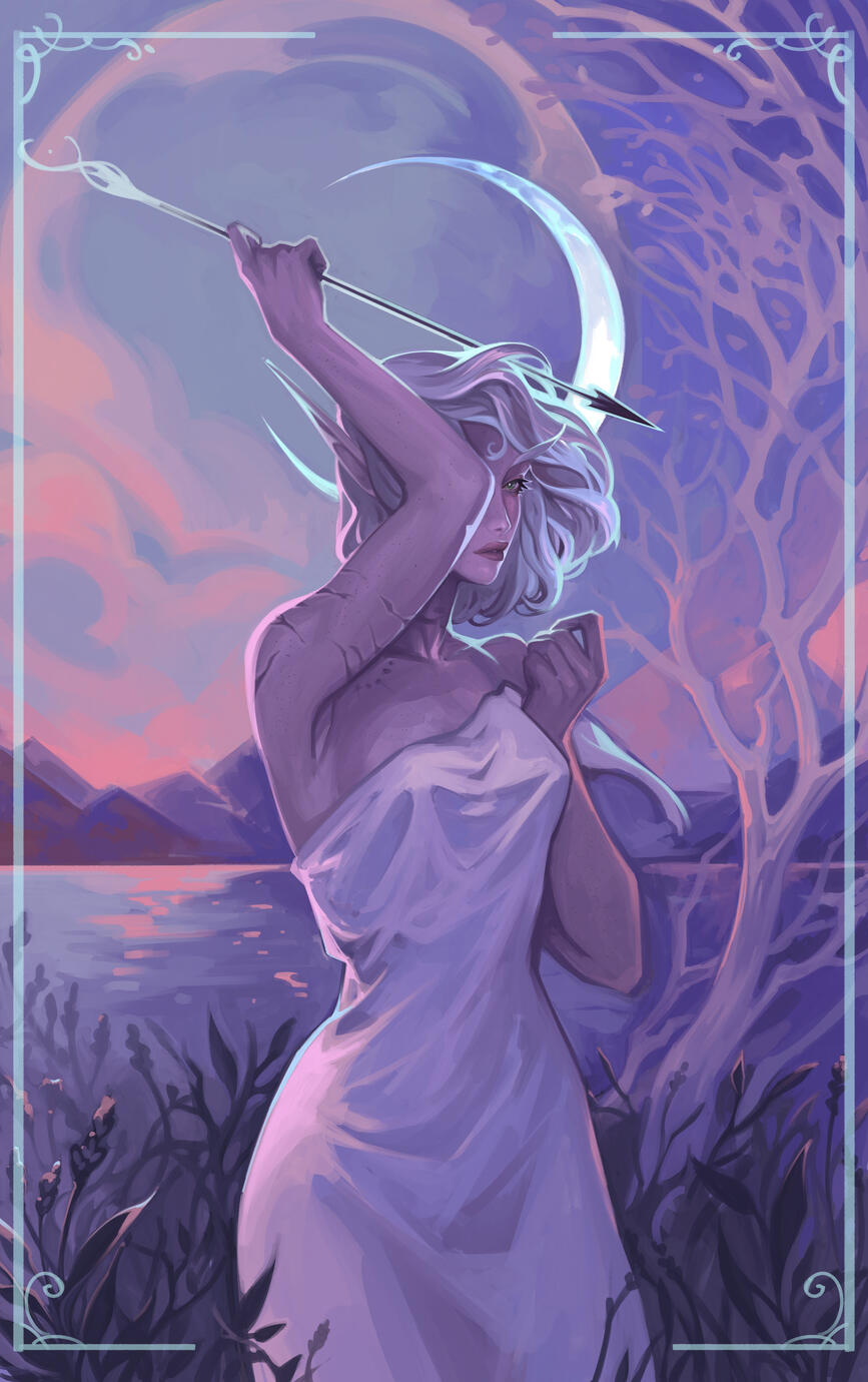 Erilihn wrapped in white cloth, standing by a lake at sunrise. The scene is deep purple with orange-pink highlights. There is a light blue crescent moon behind her head, and she is holding an arrow at an angle that makes the moon look like a bow.