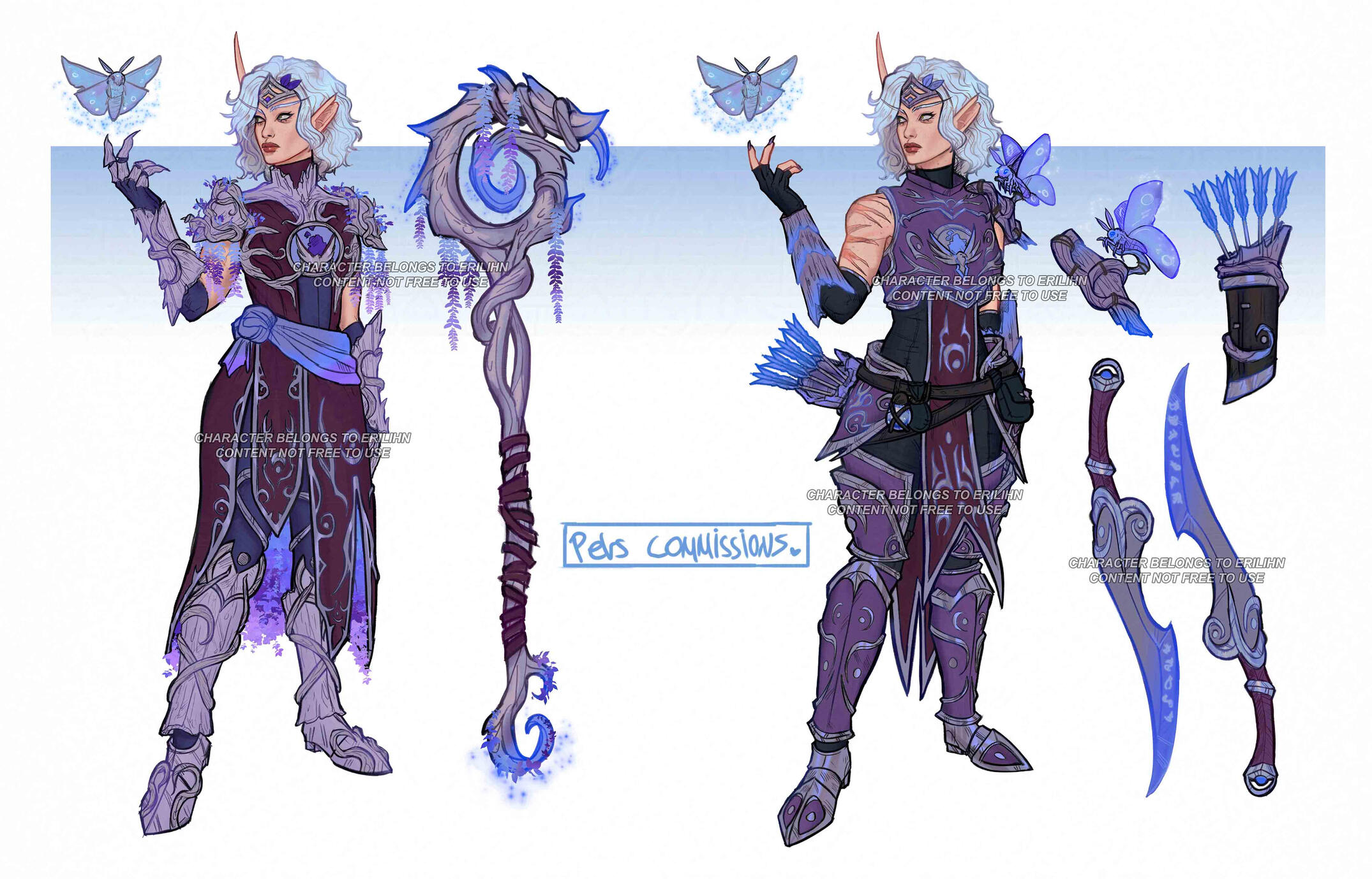 Erilihn Autumnsong, a blood elf druid, in armor of maroon, purple, and blue. One outfit is druidic, the other is more like that of a Farstrider. To the side, there is a pair of blue-runed silver swords and a quiver with blue arrows.