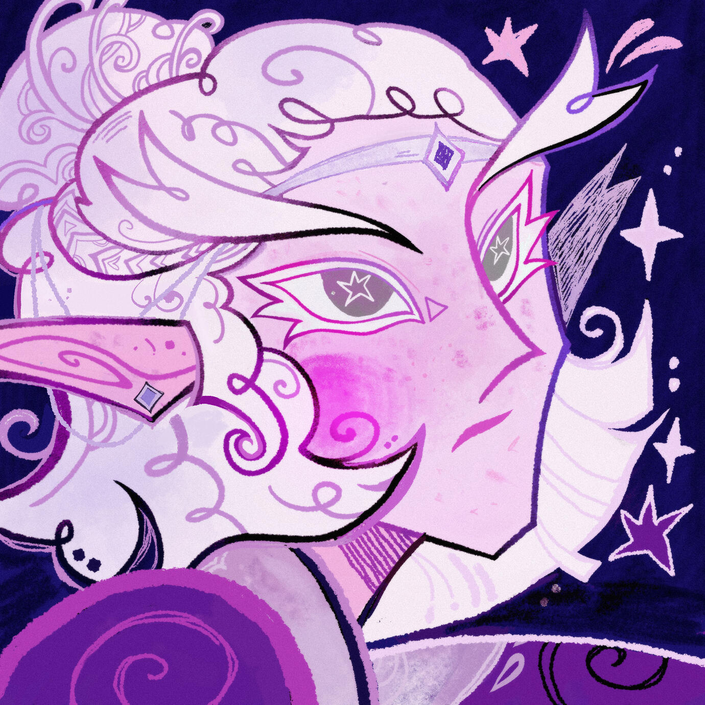 Stylized portrait of Erilihn in purple-pink shades with sparkles around her.