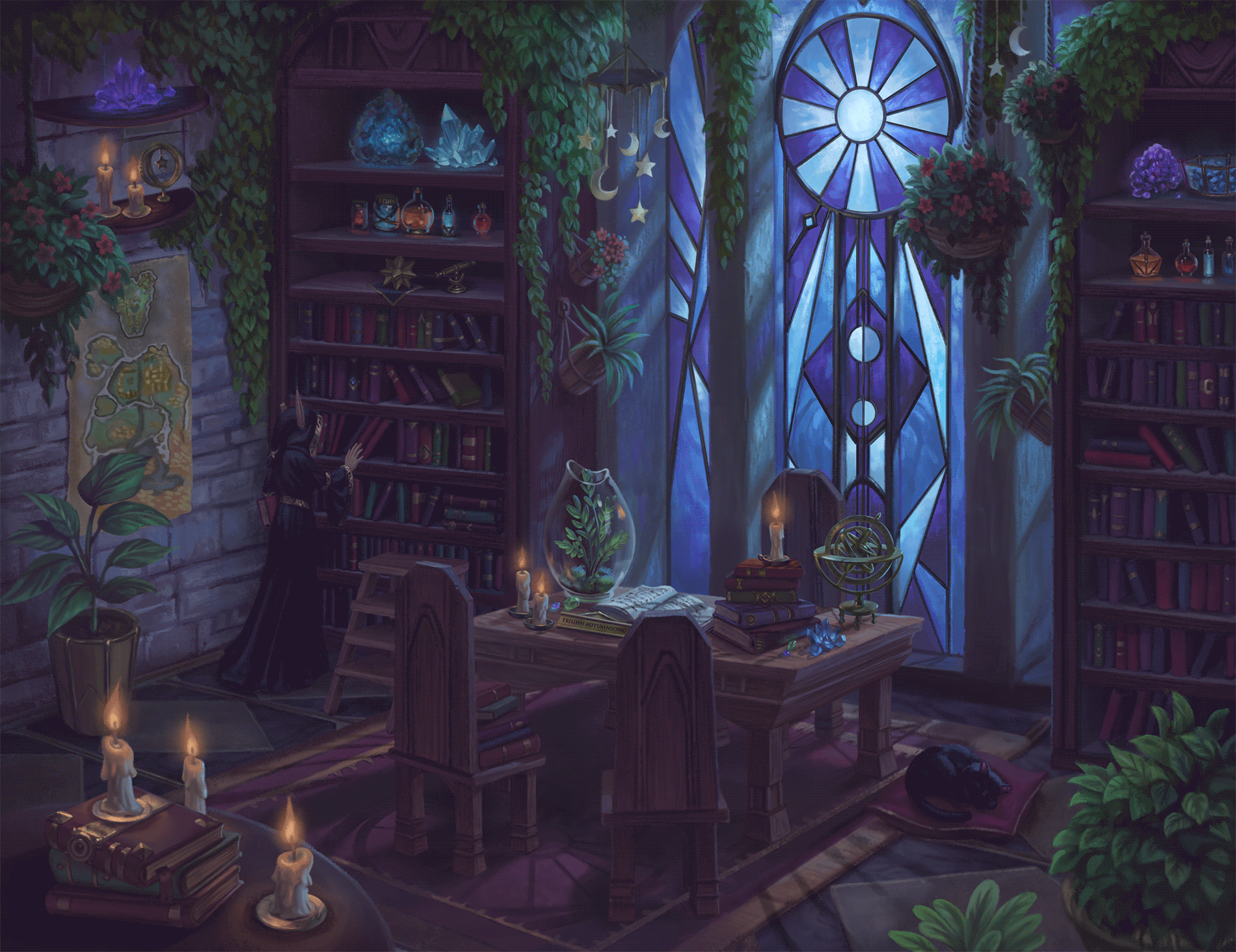 Erilihn in her private office. It is dark, with mahogany wood and a giant blue stained glass window. There are plants everywhere, and tall bookshelves filled with books and crystals and potions, etc.