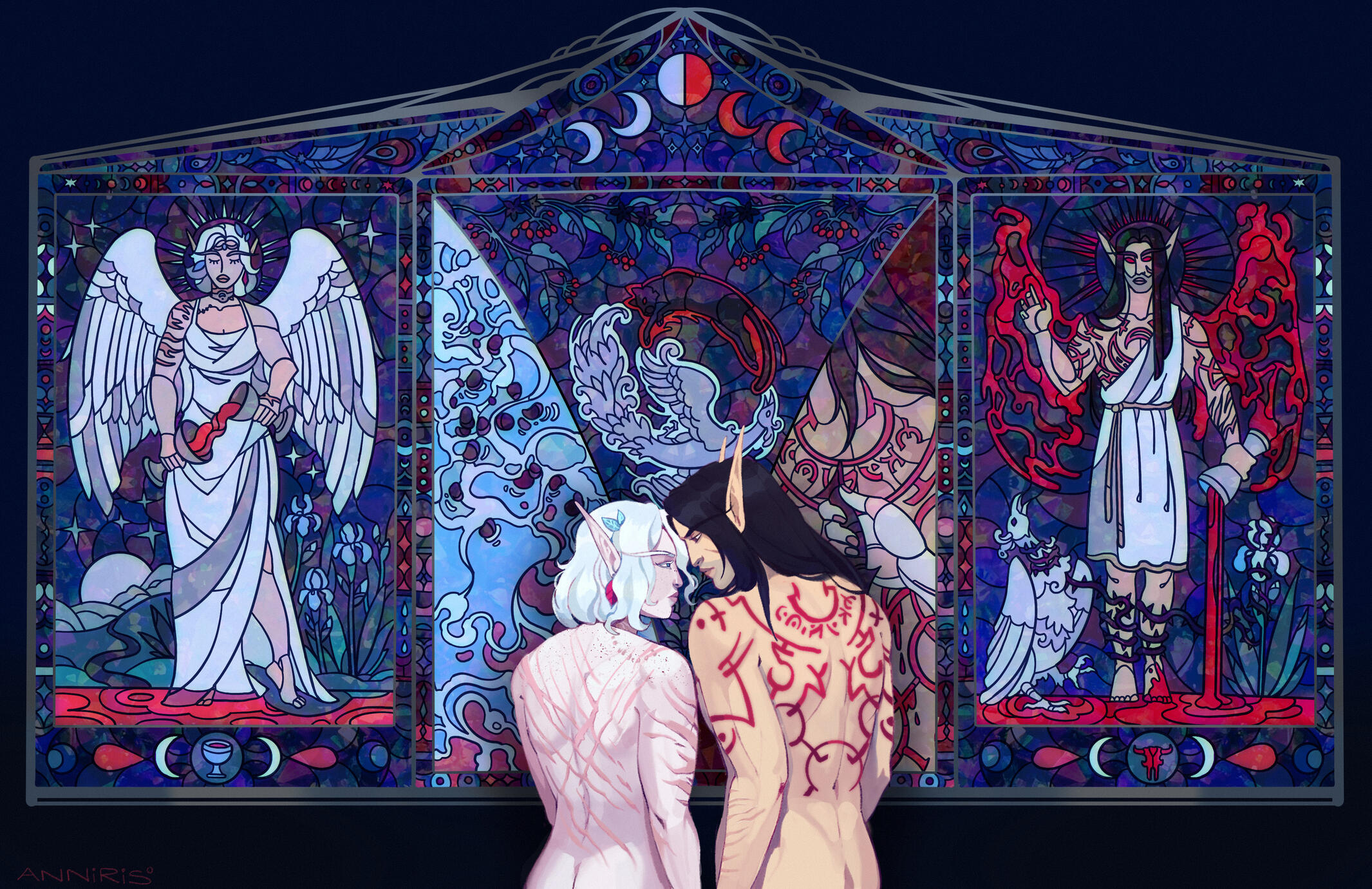 Erilihn and Avenue, their backs exposed to reveal their scars and blood runes respectively, stand before a blue and red stained glass mural depicting their narrative, as well as their tarots (Erilihn as Temperance, Avenue as The Devil).