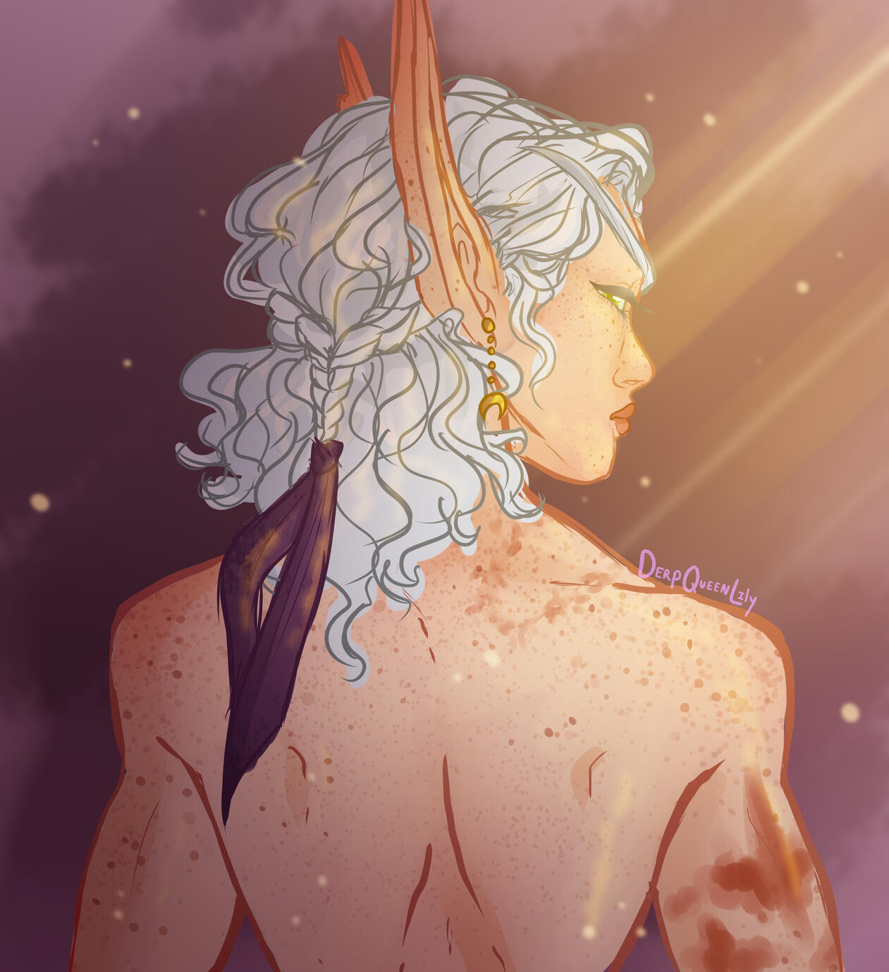 A view of Erilihn from behind, with her freckled, muscular back on full display. She is looking over her shoulder at the viewer.