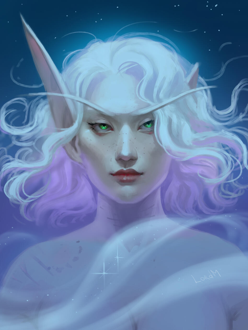 Portrait of Erilihn in blue lighting with a purple underlight glow catching in her hair, which is flowing loosely around her face.