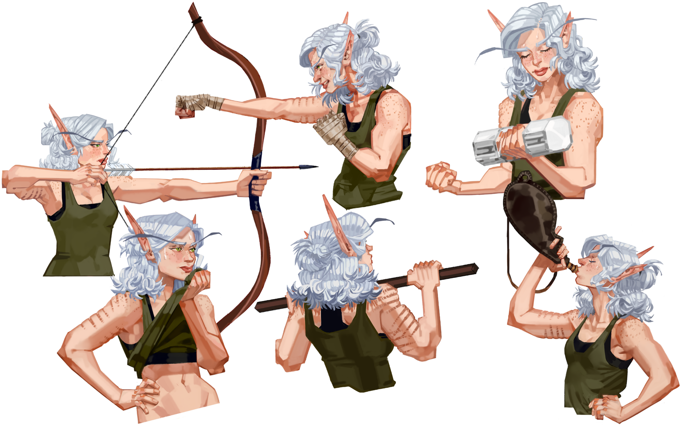 A sketch page of Erilihn in a green tank top in various poses of her typical exercise routine.