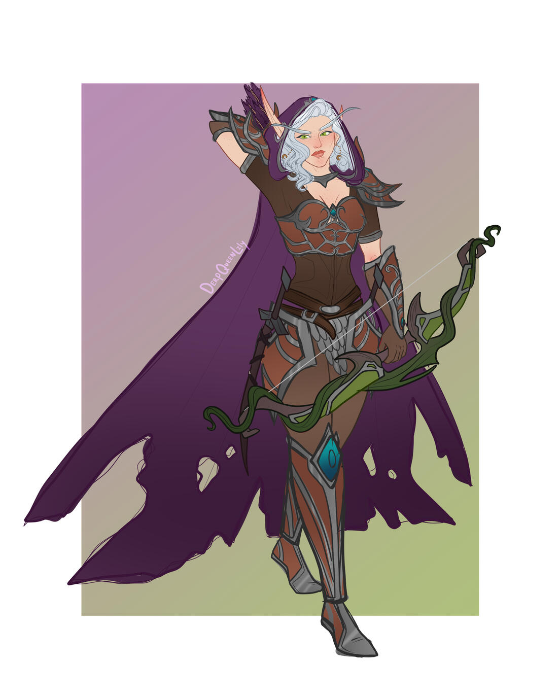 Erilihn in brown leather armor with a purple cape and a green vine-covered bow. She is reaching for an arrow from her quiver.