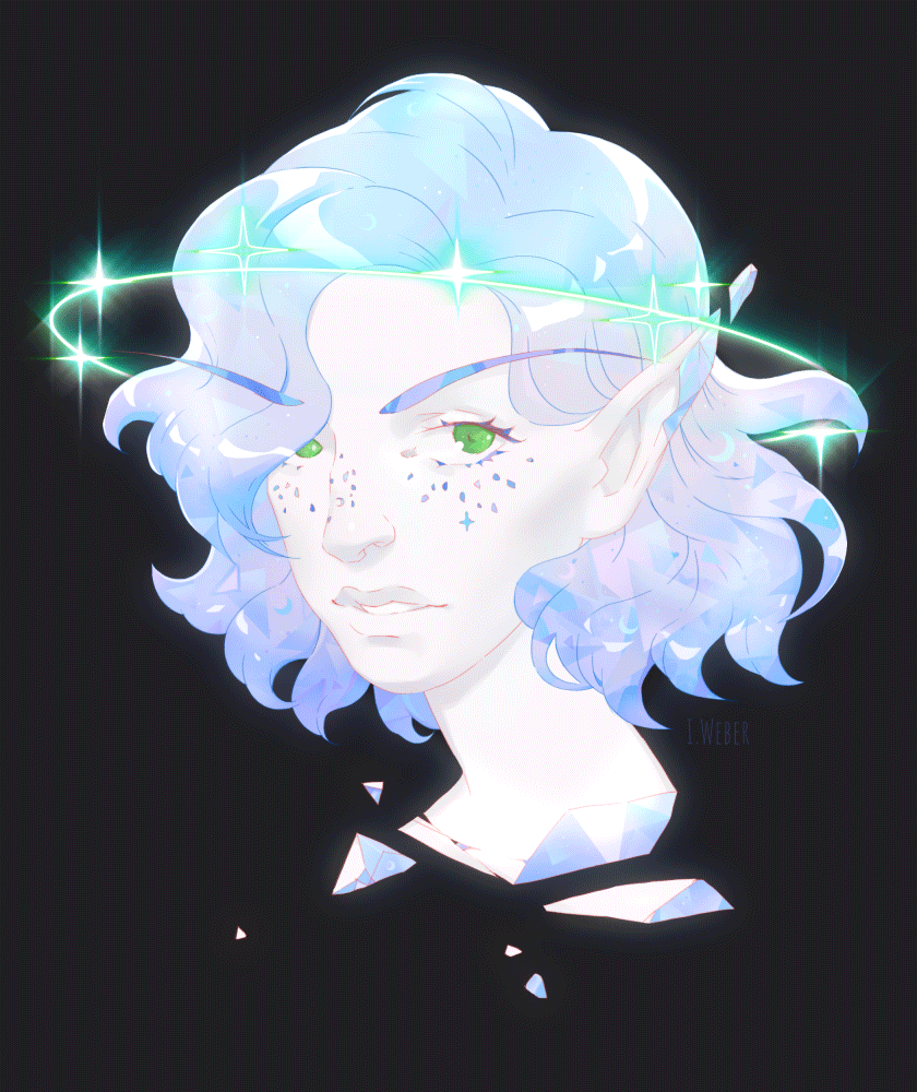 Highly stylized art of Erilihn in a sort of crystalline form, with her hair being a shiny opalescent pale blue. A halo of stars sits around her head, and she sparkles as the light shifts.