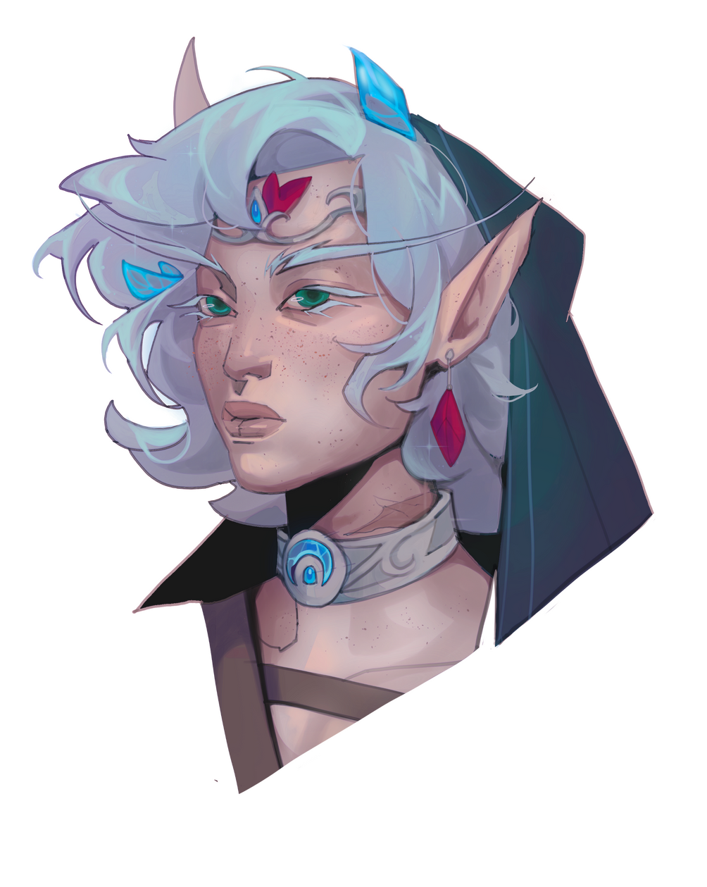 Erilihn portrait shot, with blue and red leaves in hair. She is wearing a white wooden crown and a matching choker necklace, as well as a dark green hood. She has medium length white hair, pale freckled skin, and green eyes.