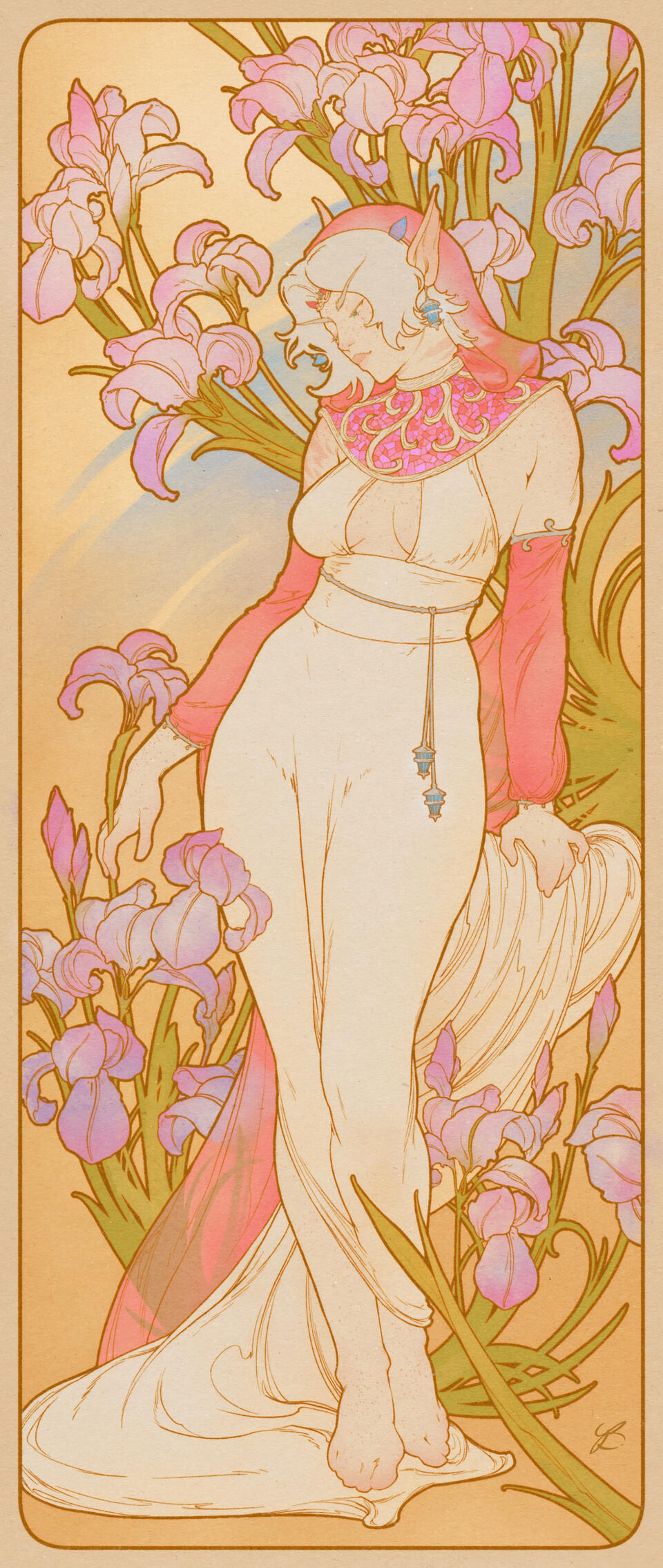 Erilihn in a recreation of Mucha's "Iris." She is wearing a cream dress with a reddish-pink mosaic gorget and a matching hood and sleeves. She stands surrounded by purple iris flowers. The style is art nouveau.