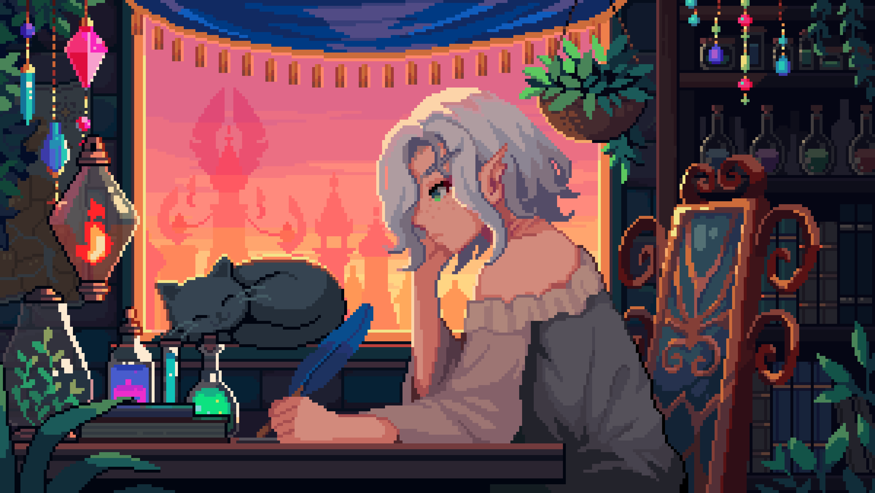 Lo-fi hip hop style pixel gif art of Erilihn in her apartment in Silvermoon. She is writing with a quill, and there are potions and books and plants all around. Her black cat sleeps on the window sill.