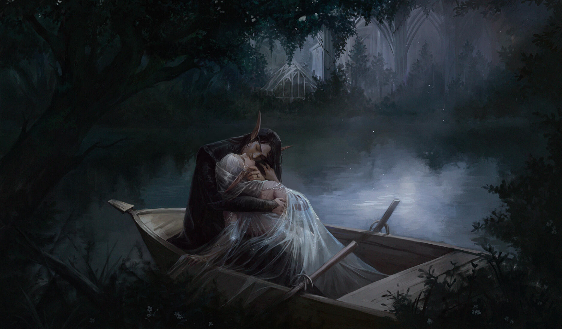 Erilihn and husband Avenue Duskseeker embracing in a small rowboat on a moonlit lake at night. They are dressed in fancy ballroom clothes, and there is an elven building on the far shore.